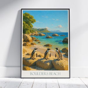Poster di viaggio di Boulders Beach / Stampa artistica di pinguini del Sud Africa / Decorazione con fauna selvatica costiera