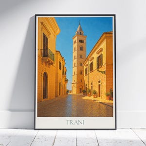 Póster de viaje de Trani, Italia / Impresión artística del campanario de la catedral de Torre di Trani / Decoración de pared histórica de Apulia / Regalo de arte de paisaje urbano italiano