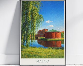 スウェーデン、マルメの旅行ポスター：マルメフス城の絵画プリント