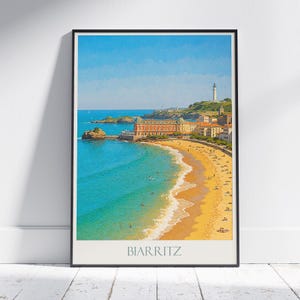 Póster de viaje de Biarritz, Francia / Impresión de playa de la costa vasca y arte de faro / Decoración costera vintage / Arte mural europeo