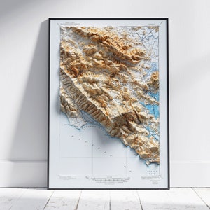 Tamalpais, comté de Marin, Californie ~ impression de carte 2D vintage en relief ombré ~ affiche murale art déco topographie