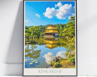 Kyoto Japan Travel Poster: Kinkaku-ji Golden Pavilion Painted Art Print