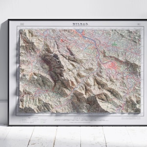 Carte de Bilbao ~ impression en relief vintage 2D plat ~ Pays basque, Espagne affiche murale Art déco topographie
