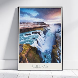 Stampa di viaggio Gullfoss ~ Poster di viaggio in Islanda / Stampa artistica da parete dipinta e decorazione per la casa / Stampa personalizzata con cornice / Regalo di viaggio per le vacanze