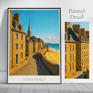 Impressão de viagem de Saint Malo ~ Pôster da Costa da França | Arte de parede pintada e decoração para casa | Presente de férias em estilo vintage | Bretanha, França