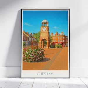 Chesham Clock Tower Travel Poster, England Painted Wall Art | Historic UK Town Print | Vibrant Home Decor & Gift