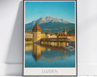 Stampa di viaggio di Lucerna ~ Poster di viaggio in Svizzera, arte murale, decorazione per la casa, regalo personalizzato, dipinto con cornice