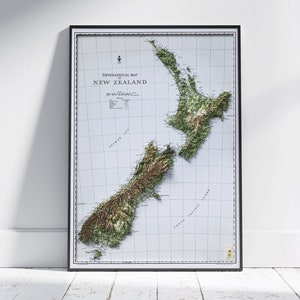 New Zealand Vintage Map Flat 2D Shaded Relief Print Poster Wall Art Decor