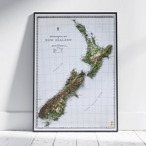 Vintage kaart Nieuw-Zeeland platte 2D gearceerde reliëfprint poster kunst aan de muur decor