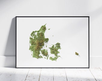 Denmark Map ~ Flat 2D Topographic Print ~ Shaded Poster Wall Art Modern Decor