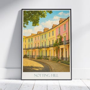 Notting Hill Travel Poster, Colorful London Homes | UK Wall Art Print & Charming Home Decor Gift
