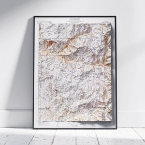 Tehipite, Kalifornien ~ Vintage Shaded Relief Flache 2D Karte ~ Poster Wand Kunst Deko Topographie