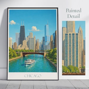 Poster di viaggio di Chicago ~ Stampa di viaggio dell'Illinois / Arte murale dipinta e arredamento per la casa / Regalo di vacanza personalizzato con cornice