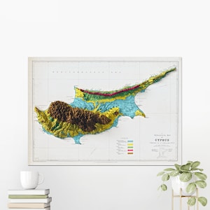 Zypern Geologische Karte ~ Flache 2D Schattiert Relief Vintage Atlas Stil Druck Poster Wand Kunst Dekor