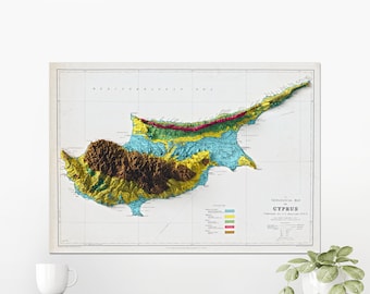 Cyprus Geological Map ~ Flat 2D Shaded Relief Vintage Atlas Style Print Poster Wall Art Decor