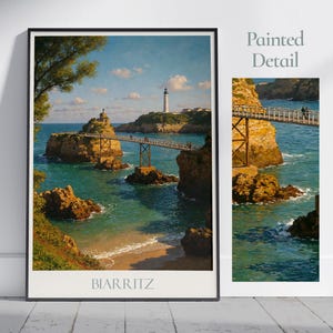 Rocher de la Vierge, Biarritz Travel Print ~ France Travel Poster | Painted Wall Art & Home Decor | Framed Personalized Vacation Travel Gift