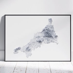 Mapa de Cornualles ~ Impresión minimalista 2D ~ Cartel topográfico en relieve sombreado Arte de pared Decoración moderna ~ Redruth, Falmouth, Newquay, Truro