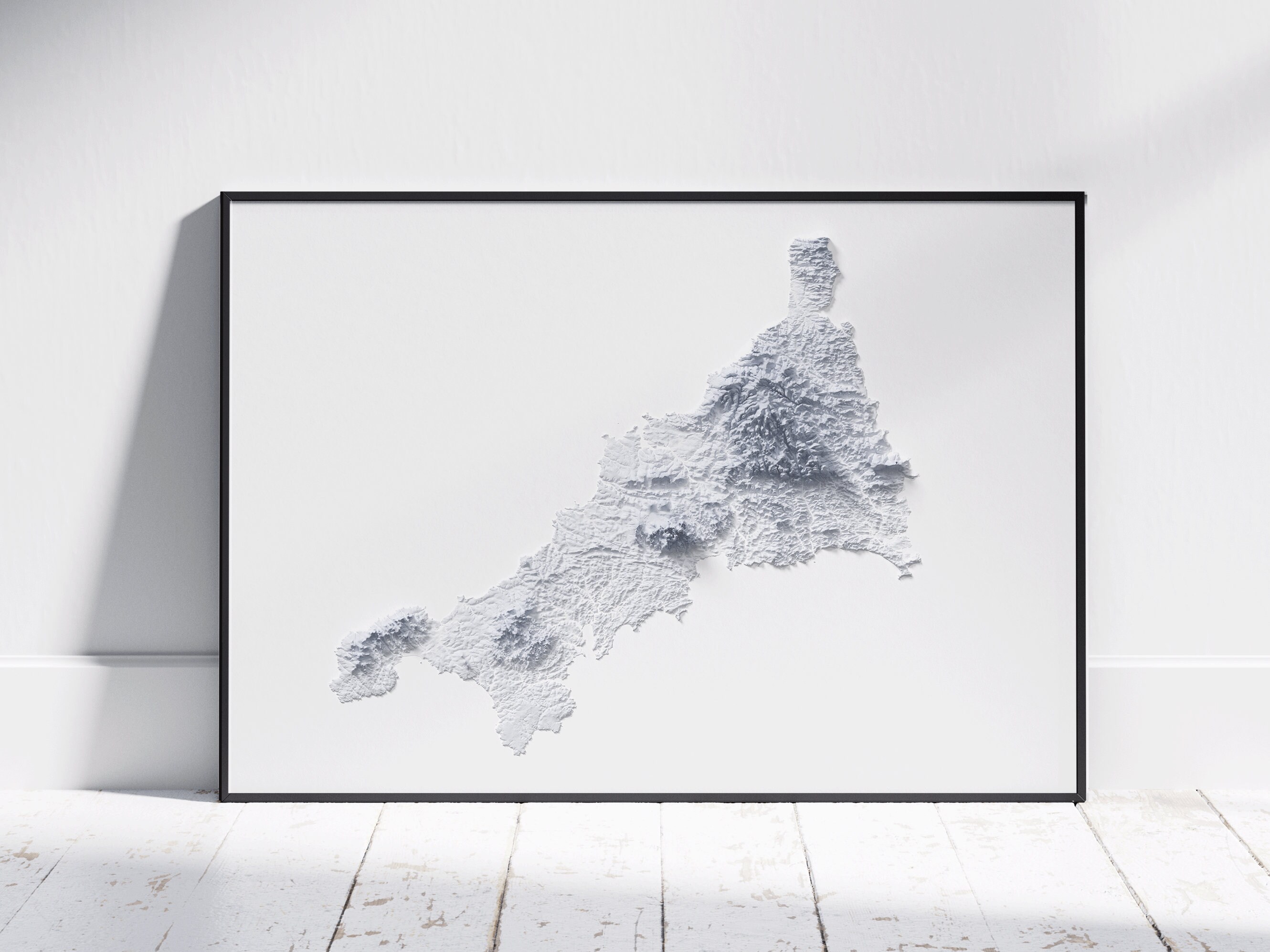 Cornwall Map ~ 2D Minimalist Print ~ Topographic Shaded Relief Poster Wall Art Modern Decor ~ Redruth, Falmouth, Newquay, Truro