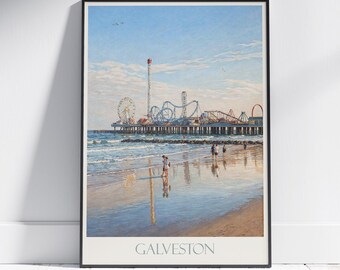 Galveston Pier Travel Poster: Vintage Texas Coastal Print