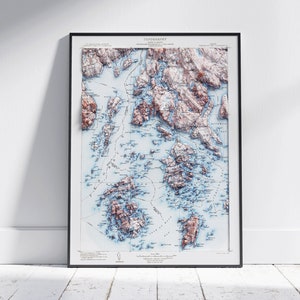 Penobscot Bay, Maine ~ Vintage gearceerd reliëf platte 2D-kaartafdruk ~ Poster muurkunst decor topografie
