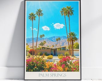 Palm Springs Travel Poster: Mid Century Modern House, California Desert Painted Art Print