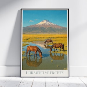 Erciyes Mountain & Hürmetçi Travel Poster | Wild Horses Turkey Art Print | Vintage Landscape Decor | Anatolian Wall Art