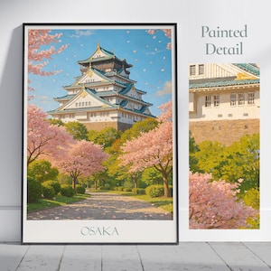 Osaka Travel Poster, Osaka Castle ~ Japan Painted Wall Art & Home Decor | Framed Personalized Print | Vacation Travel Gift