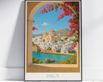 パロス島ギリシャ旅行ポスター：キクラデス諸島の村のアーチ道の眺めの絵画アートプリント