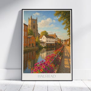 Póster turístico de Halstead, Inglaterra: Iglesia de San Andrés, escena junto al río. Impresión artística pintada.