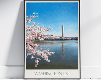 Impresión de viaje de Washington DC, Monumento a Washington ~ Cartel de viaje Arte de la pared Decoración del hogar Regalo personalizado enmarcado