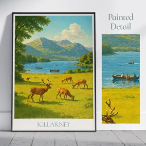 Poster di viaggio del Parco Nazionale di Killarney / Stampa artistica del paesaggio irlandese / Decorazione murale dipinta in stile vintage / Regalo con fauna selvatica irlandese di laghi e cervi