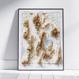 Sonoma Range, Nevada ~ Vintage schaduwrijke reliëf platte 2D kaart afdrukken ~ Poster Wall Art Decor topografie