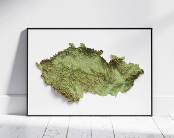 Czechia Map ~ Flat 2D Topographic Print ~ Shaded Relief Poster Wall Art Modern Decor