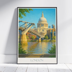 London Travel Poster | Millennium Bridge St Paul&#39;s Art Print ~ River Thames City Wall Decor | UK Landmark Gift