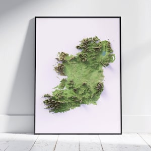 Irlanda ~ Impresión plana en relieve sombreado 2D ~ Cartel de mapa topográfico Arte de pared Decoración moderna