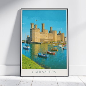 Póster de viaje del castillo de Caernarfon / Impresión artística de Gales / Decoración de pared de un monumento histórico del Reino Unido / Regalo de vacaciones en Gales