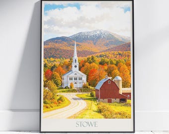 Póster de viaje de Stowe, Vermont: Iglesia de otoño y Monte Mansfield (impresión artística pintada)