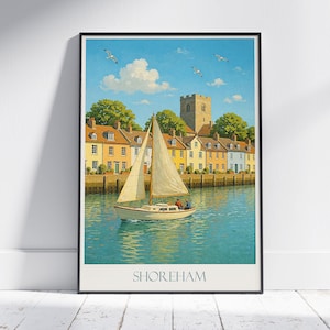 affiche de voyage de Shoreham | Impression d'art Riverside Serenity | Décoration murale côtière britannique