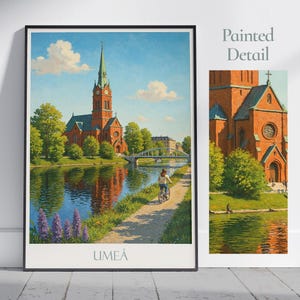 Poster de voyage Umeå, église de la ville d'Umeå ~ Impression d'art mural peint Suède | Décoration d'intérieur | Impression personnalisée encadrée | Cadeau de voyage de vacances