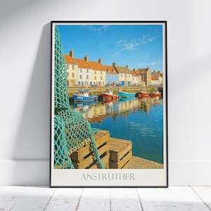 Anstruther Harbour Travel Poster | Scotland Coastal Art Print | Fife Fishing Village Wall Decor | Vibrant Seascape