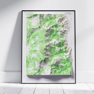 Eagle Peak, Californië ~ Vintage schaduwrijke reliëf platte 2D kaart afdrukken ~ Poster Wall Art Decor topografie
