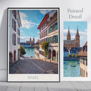 May include: A vintage travel poster featuring a colorful painting of a cobblestone street in Basel, Switzerland. The street leads to a river with a church in the background. The poster has the word "BASEL" printed at the bottom.