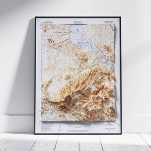 Lake Havasu & Whipple Mountains, Arizona/Californië ~ Vintage schaduwrijke reliëf platte 2D kaart afdrukken ~ Poster Wall Art Decor topografie