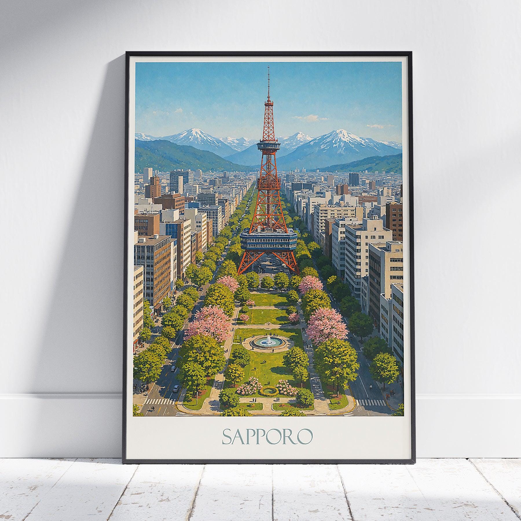 札幌（日本）旅行ポスター：北海道の街並みを描いたヴィンテージアート