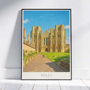 Wells Cathedral Travel Poster | England Gothic Architecture Art Print | UK Landmark Wall Decor | Somerset Vacation Gift