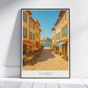 Pôster de viagem de Antibes | Impressão artística da Riviera Francesa | Arte de parede colorida de rua da cidade velha | Decoração do sul da França | Presente de férias em estilo vintage