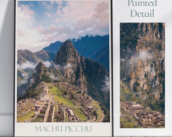 May include: A framed print of Machu Picchu, an ancient Incan city in Peru, with a close-up detail of the stonework. The print features a panoramic view of the ruins, nestled among lush green mountains and clouds.