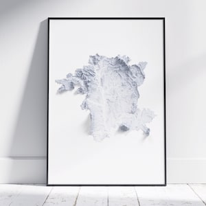 Carte du Worcestershire ~ impression minimaliste 2D ~ affiche topographique en relief ombragé, art mural, décoration moderne