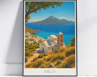 ミロス島（ギリシャ）旅行ポスター：プラカ村の教会を描いた絵画プリント
