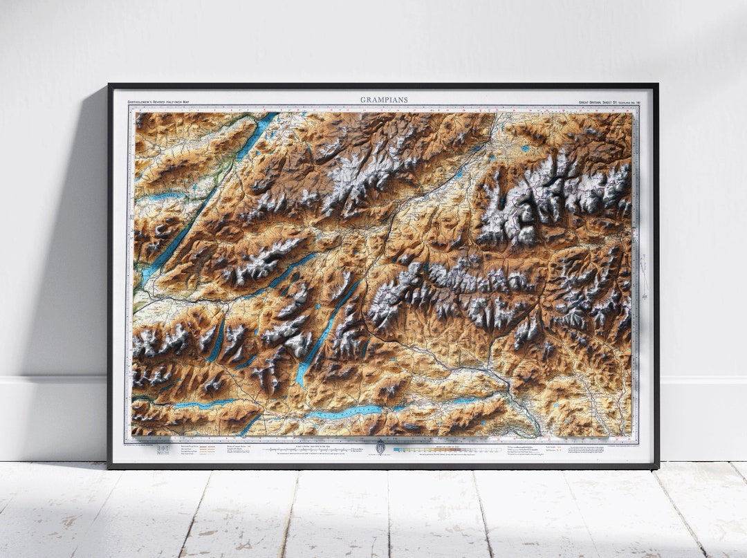 Grampian Mountains, Scotland Vintage Map Flat 2D Shaded Relief UK Print